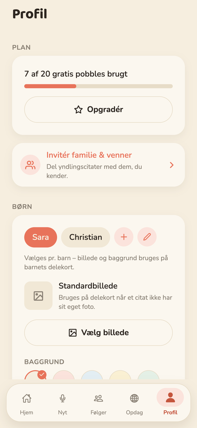 Profilsiden i Pobbly, hvor man ser sin plan, kan invitere familie og venner og vælge mellem Christian og Sara.