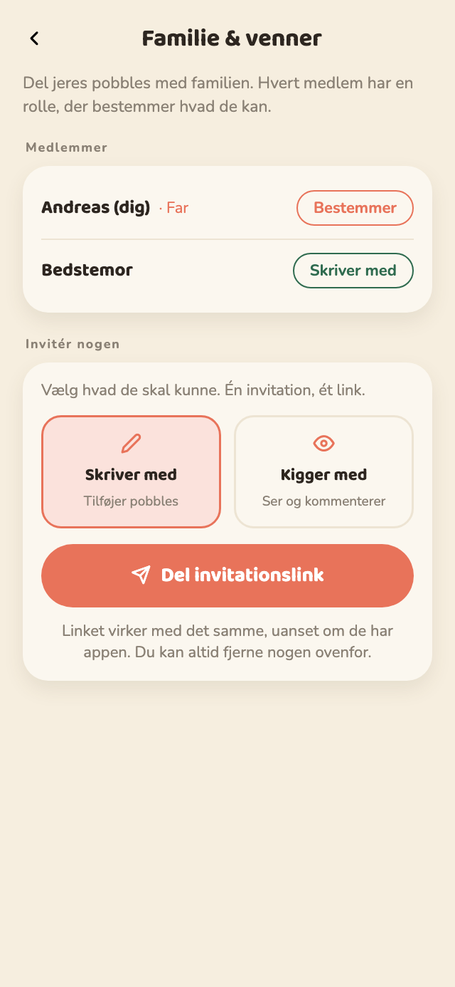 Profilsiden i Pobbly, hvor man ser sin plan, kan invitere familie og venner, og vælge mellem børnene Carla, Elias og Sara.