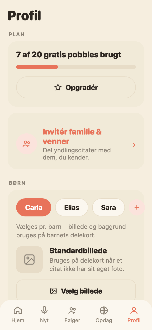 Profilsiden i Pobbly, hvor man ser sin plan, kan invitere familie og venner, og vælge mellem børnene Carla, Elias og Sara.